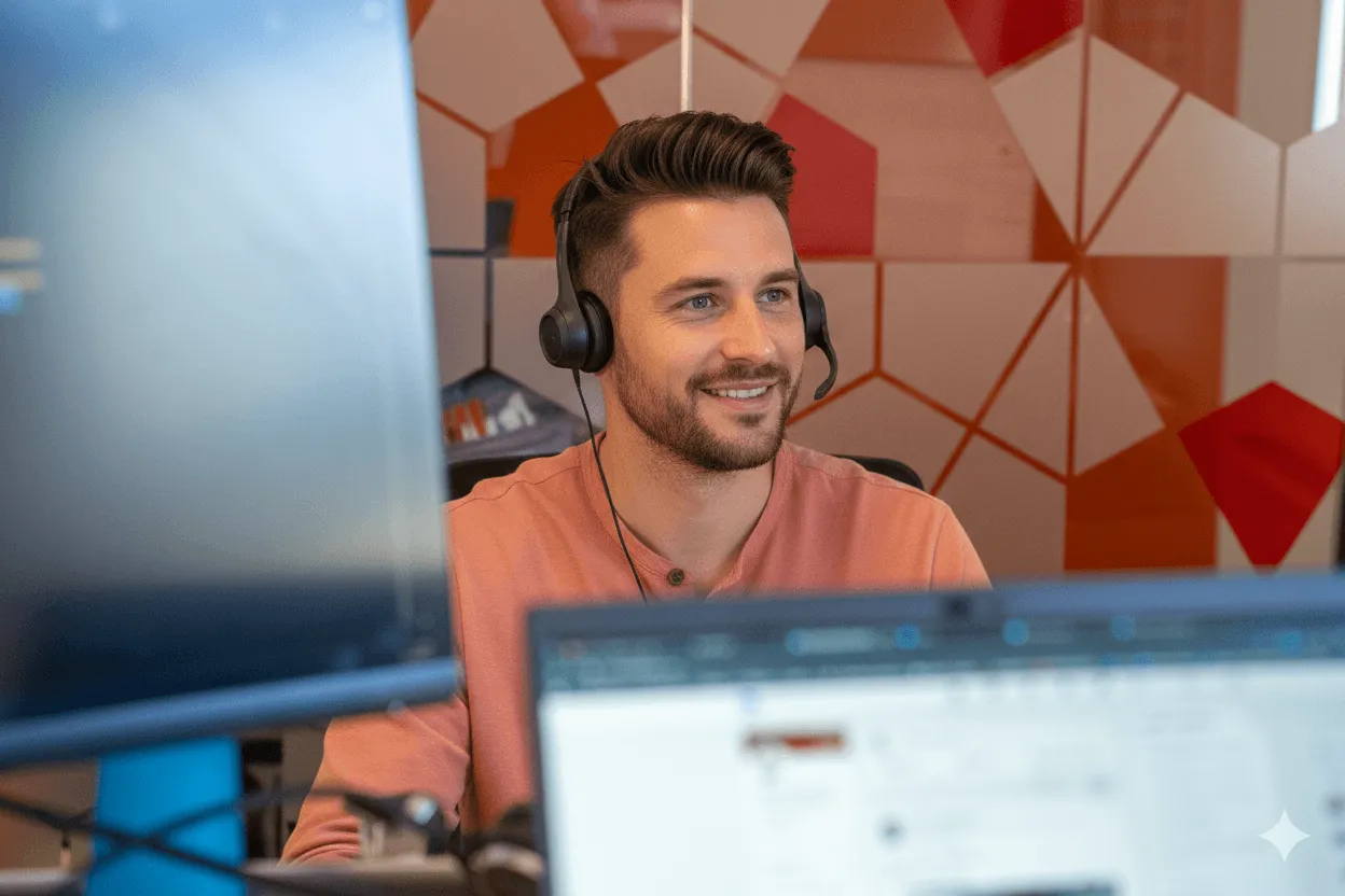 A smiling Positive group advisor with a headset, working at a computer to support partners.
